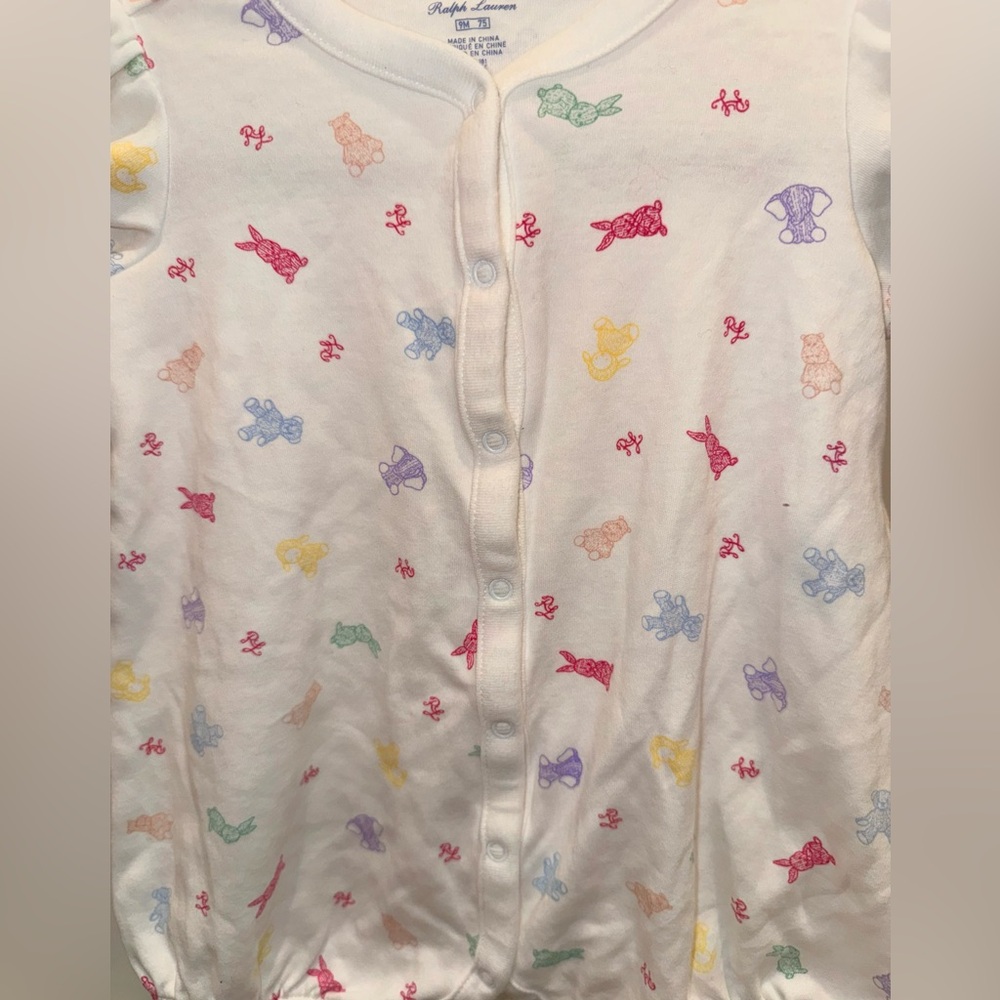 Pristine Ralph Lauren Polo Baby Girls Bear Bunnies Shortall Romper Size: 9M - Picture 5 of 7